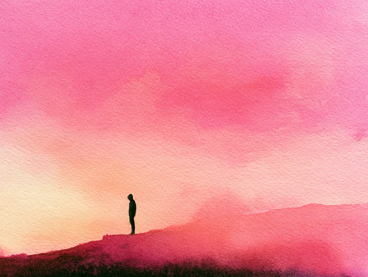 Aquarell: eine Gestalt auf einer Anhöhe vor weitem Abendhimmel